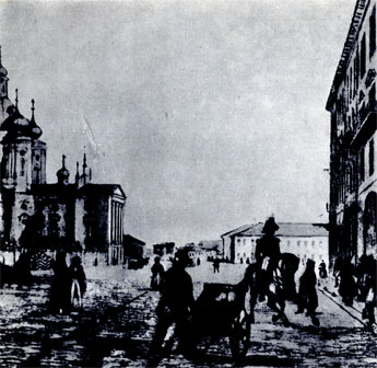 Владимирская площадь и Б. московская улица в Петербурге, где жил К. Д. Ушинский. Литография