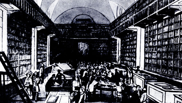 Ларинский читальный зал публичной библиотеки в Петербурге, в котором много работал К. Д. Ушинский. Литография с рисунка В. Тимма, 1852 г.