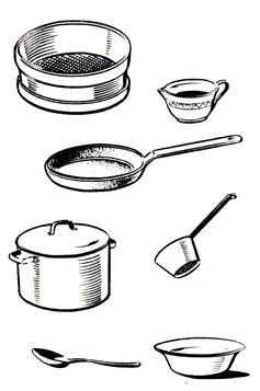 Рис. 16. Посуда и приспособления для приготовления и подачи соуса