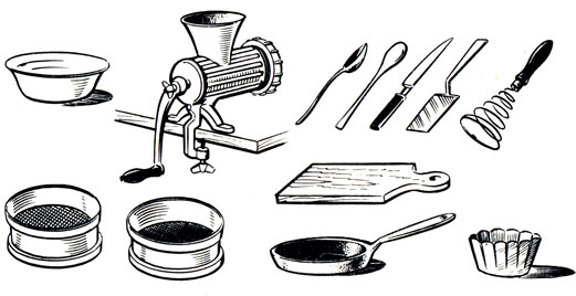 Рис. 17. Инструменты, приспособления и посуда, используемые для приготовления блюд из творога