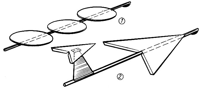 Рис. 38. Летающие модели на деревянной рейке: 1 - дископлан; 2 - самолет