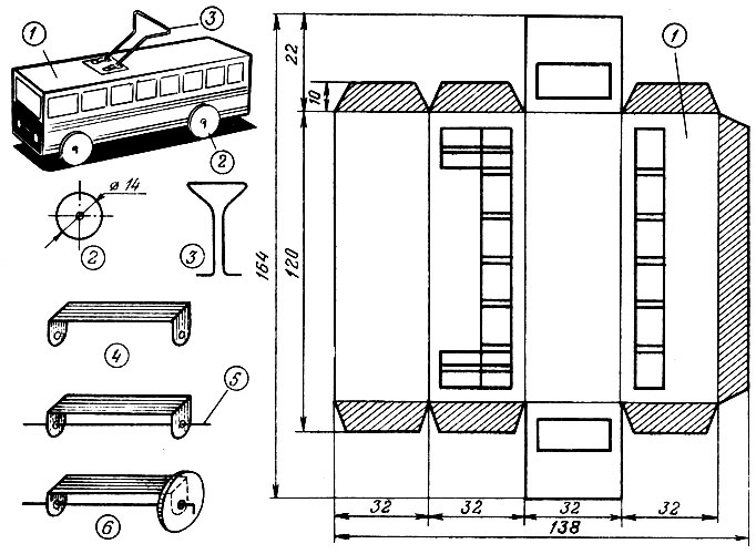 Рис. 61. Модель трамвая: 1 - развертка кузова; 2 - колесо; 3 - дуга; 4 - скоба; 5 - ось; 6 - сборка моста ходовой части