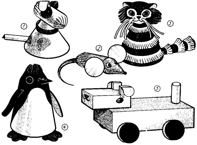 Рис 87. Игрушки из бумаги и картона: 1 - собака; 2 - мышка; 3 - котенок; 4 - пингвин; 5 - собака-такса