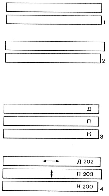 Рис. 10. Изменение размеров бумажных деталей при увлажнении: 1 - две одинаковые по длине полоски бумаги, подготовленные для опыта; 2 - те же полоски после того, как верхняя была увлажнена и стала длиннее; 3 - заготовки для второго опыта - полоски, вырезанные из листа бумаги в долевом (вверху) и поперечном (в середине) направлениях и контрольная; 4 - те же полоски после увлажнения первых двух