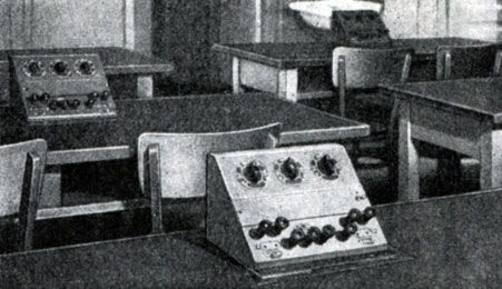 Ћабораторные столы в физическом кабинете, оборудованные электрическими щитками